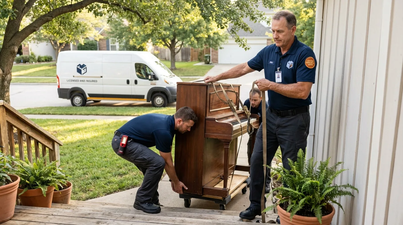 Licensed piano movers securing grand piano in Central Square, NY