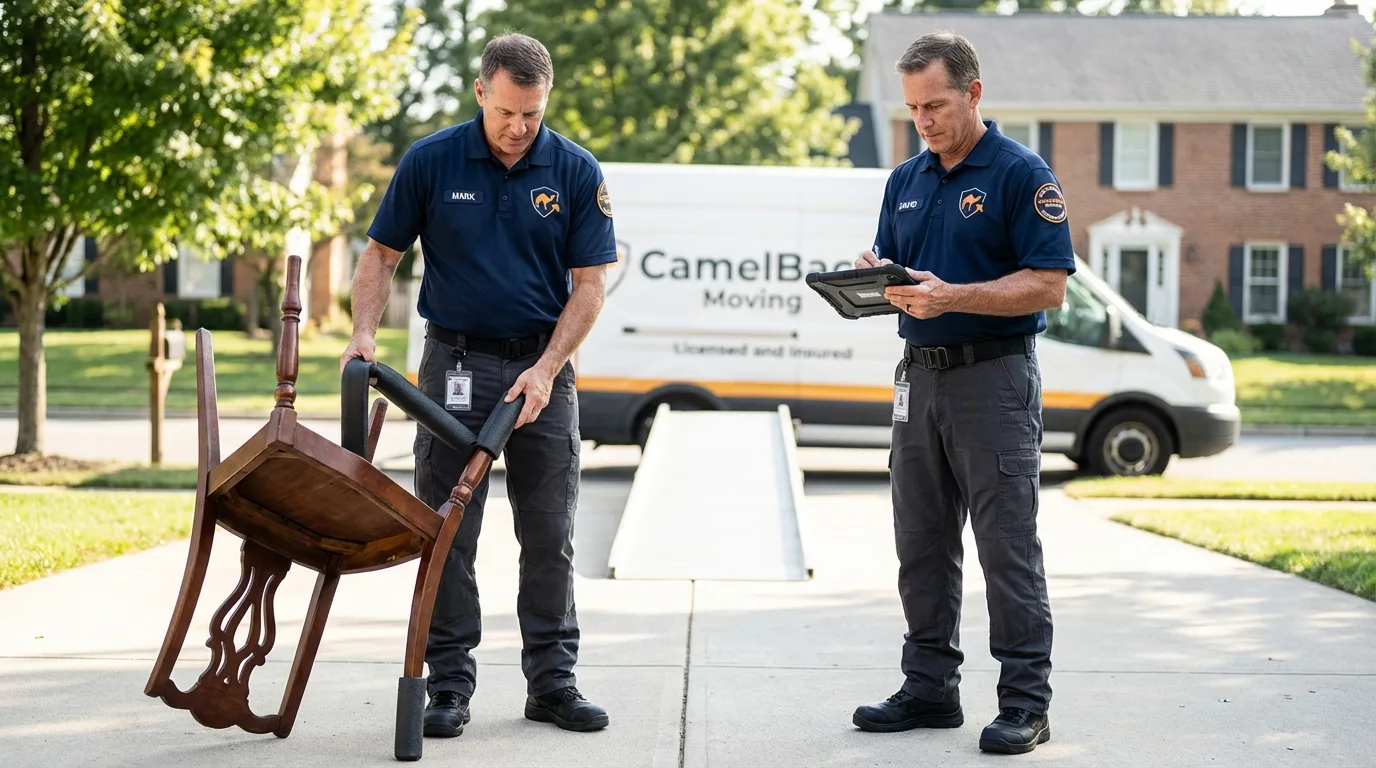 Movers inspecting furniture for damage prevention before loading in Central Square, NY