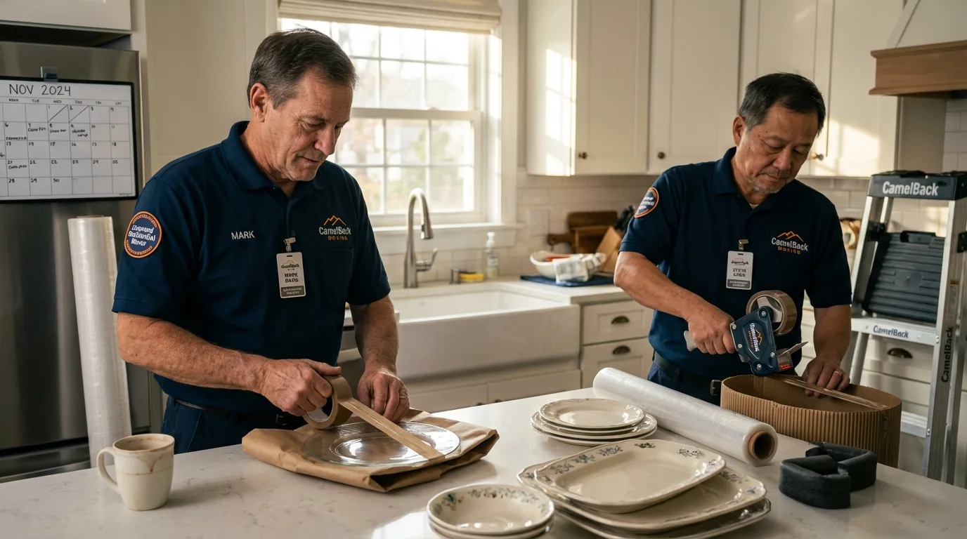 Professional crew packing kitchen dishware in Central Square, NY